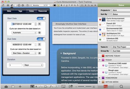 Curio supports lots of different meta data so you can instantly find what you needs and sync all your tasks with your Mac OS X Calendar