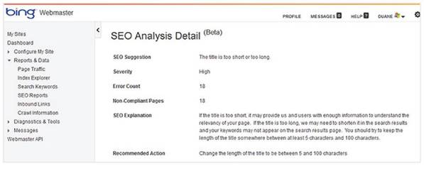 Bing Webmaster SEO reports tell you if your site isn't compliant with SEO best practices and how to fix it.