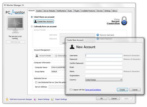When you start PC Monitor Manager running for the first time, it will prompt you to create a new account.