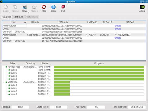 Ophcrack should load and run, eventually displaying its tools