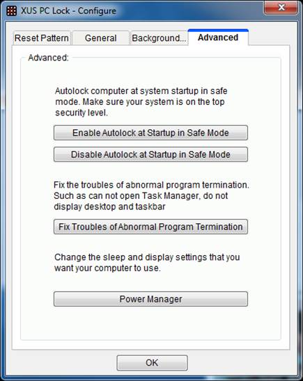 XUS PC Lock also supports some private settings in Advanced bar