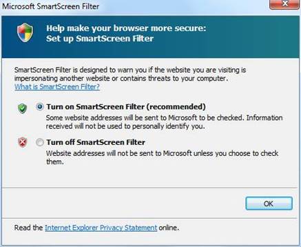 Click ‘Turn on SmartScreen Filter’ and choose the ‘Turn on SmartScreen Filter (recommended)’ radio button and click OK