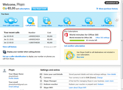 60 minutes free Skype call after activating Office 365 license.