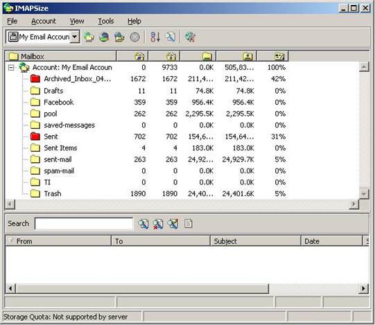 Click the check size button – this is the first icon in the toolbar– and Imapsize will start the process of analyzing the contents of your inbox to determine the size of individual emails and their attachments