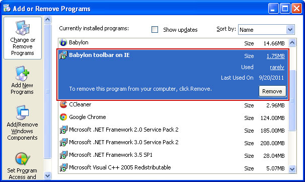 Description: To Remove Babylon Toolbar on IE: 'Control Panel' > 'Programs and Features and removing both 'Babylon Toolbar on IE' and ‘Babylon Objectlnstaller'.
