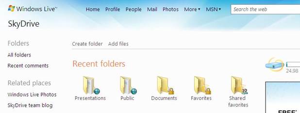  
By default SkyDrive comes with three different folders: Documents, Pictures and Public
