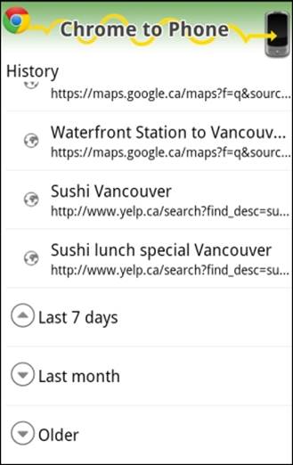 Opening the Google Chrome to Phone application presents a straightforward History screen. 